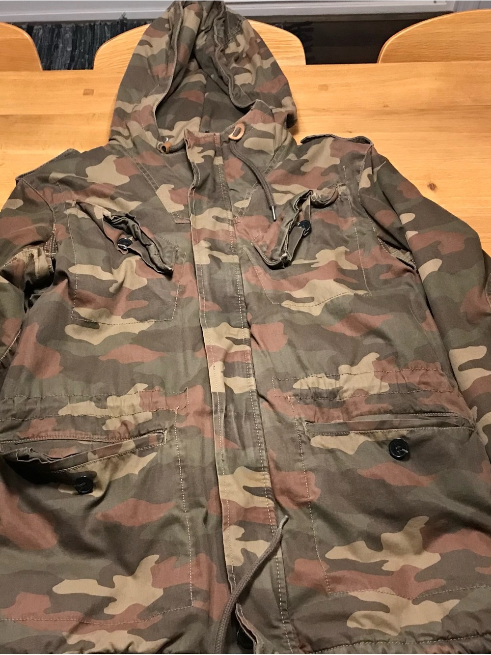 French Connection Men’s Military Jacket Camo Hooded Quilted Lined Size S